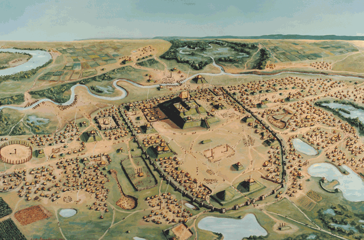 Fgure 118: A setting for mythic rituals. Majestic mounds and four plazas mark the cardinal directions, 