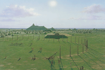 Figure 53: Erecting a woodhenge. A solar calendar of the sun's movement helped determine when to hold ceremonies in preparation for planting, harvesting, and other events in the agricultural cycle and marked the all-important spring and fall equinox celebrations.