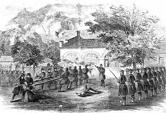 The 
                      Harper's Ferry Insurrection.--The U.S. Marines storming 
                      the Engine-House.--Insurgents firing through holes in the wall. Published in Harpers Weekly in November, 1859.Historic 
                      Photo Collection, Harpers Ferry National Historic Park.