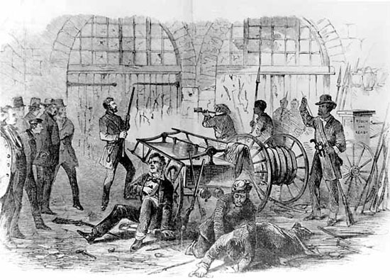 Harpers Ferry Insurrection - Interior of the Engine-House, Just Before The Gate is Broken Down By the Storming Party - Col. Washington and His Associates As Captives, Held by Brown As Hostages. The date was October 18, 1859. 1859.Published in Leslie's Weekley, November 5, 1859. Sketch by Alfred Berghaus.Historic Photo Collection, Harpers Ferry National Historic Park.