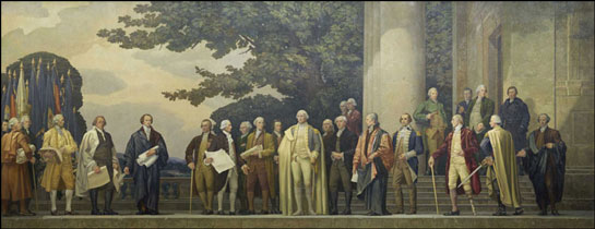 Murals painted in 1936 by Barry Faulkner in the Rotunda for the Charters of Freedom at the National Archives Building in Washington D.C. depicting fictional scene of the presentation of the Constitution.
