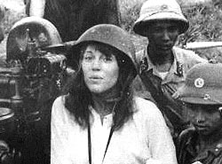 Jane Fonda being interviewed during a 1972 trip to Vietnam. She posed for photographs on the seat of an anti-aircraft cannon and made radio broadcasts urging U.S. airmen to stop bombing North Vietnam.