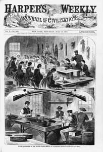 Filling Cartridges at the United States Arsenal of Watertown, Massachusetts, engraving (photographic reproduction from Harper's Weekly, September 21, 1861
