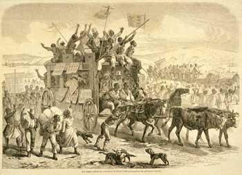 Les Negres affranchis colportant le decret d'affranchissement du president Lincoln (Freed Negroes celebrating President Lincoln's decree of emancipation), engraving from Le Monde Illustre, March 21, 1863