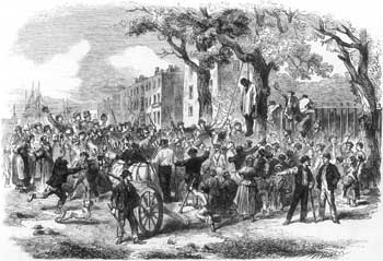The Riots in New York: the Mob Lynching a Negro in Clarkson Street, engraving from Illustrated London News, 1863