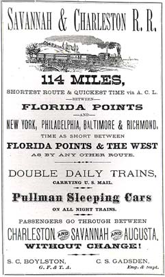 Advertisement for the Savannah and Charleston Railroad, 1878 (South Carolina Historical Society)