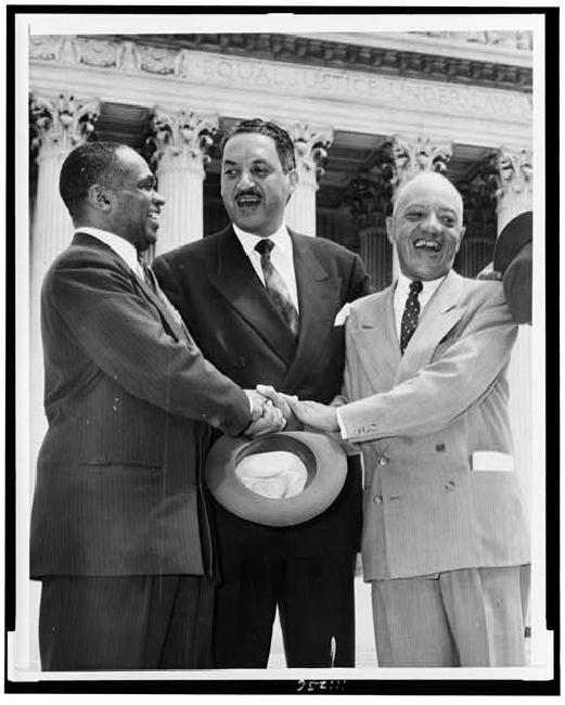 Brown Attorneys After the Decision: George E. C. Hayes, Thurgood Marshall, and James M. Nabrit congratulating each other, 1954