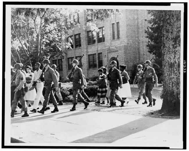 U.S. Troops escort African American students from Central High School, Little Rock, Arkansas