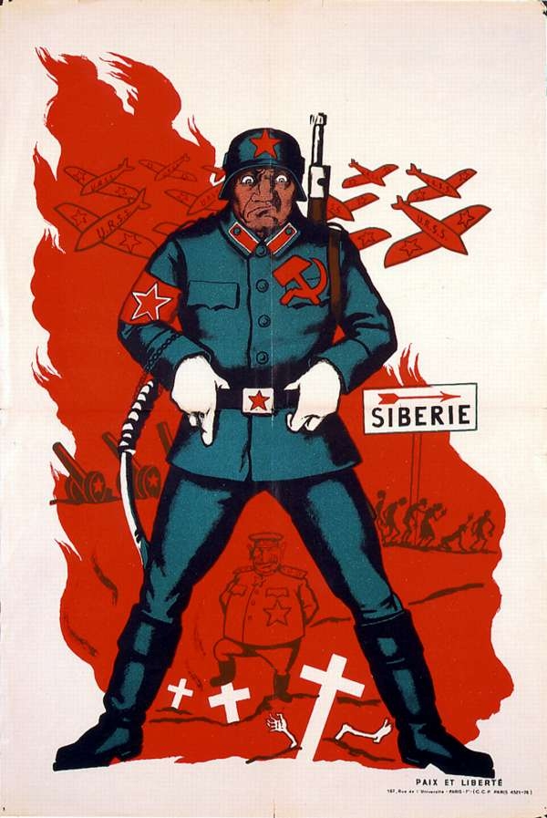 Anti-Communist Poster Showing Russian Soldier and Joseph Stalin Standing Over Graves in Foreground; Cannons and People Marching To Siberia in Background