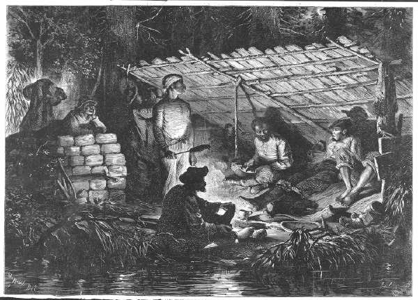 Group (Fugitive Slaves?) in Lean-To On River Bank, Illuminated By Firelight; From Harper's Weekly