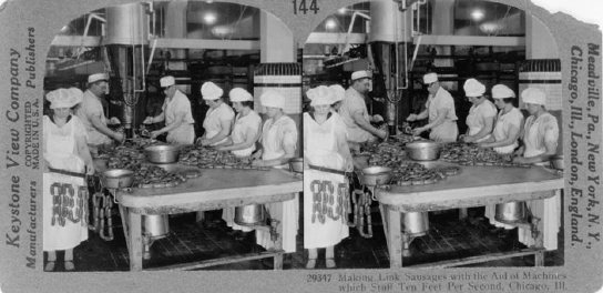 Making Link Sausages With the Aid of Machines Which Stuff Ten Feet Per Second, Chicago, Ilinois