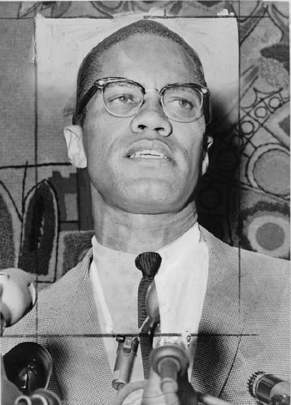 Malcolm X, Head-and-Shoulders Portrait, Facing Slightly Right at Microphones