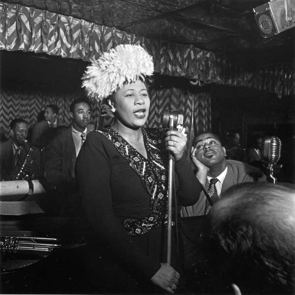 Portrait of Ella Fitzgerald, Dizzy Gillespie, Ray Brown, Milt (Milton) Jackson, and Timmie Rosenkrantz, Downbeat, New York, N.Y.