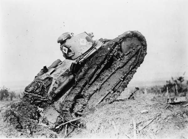 Tank Ploughing Its Way Through A Trench and Starting Toward the German Line, During World War I, Near Saint Michel, France