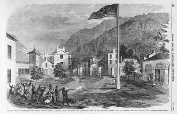 "Harper's Ferry Insurrection - The Battle Ground - Captain Albert's Party Attacking the Insurgents," engraving from Frank Leslie's Illustrated Newspaper, November 5, 1859