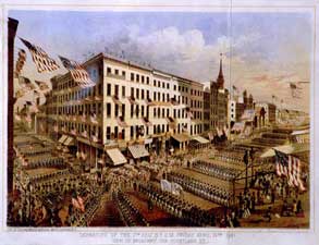 "Departure of the 7th Regiment," lithograph by Sarony, Major & Knapp, 1861
