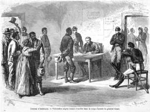 Negro Volunteers enrolling in Gen. Grant's Army Corps, engraving from Le Monde Illustre, 1863