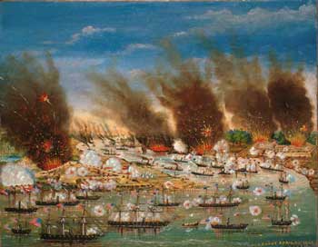 Farragut's Fleet Passing Ft. Jackson and Ft. St. Philip, Louisiana, April 24, 1862, painting by J. Joffray, c. 1862