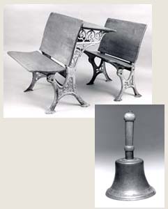 School desk, bench and bell, c. 1870